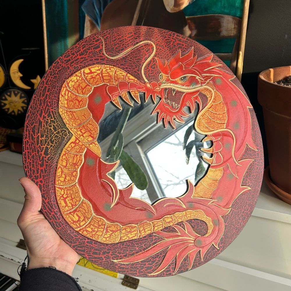 Vintage Dragon Wall Mirror Hand Carved Wood Red Gold Crackle 15.5” Decor